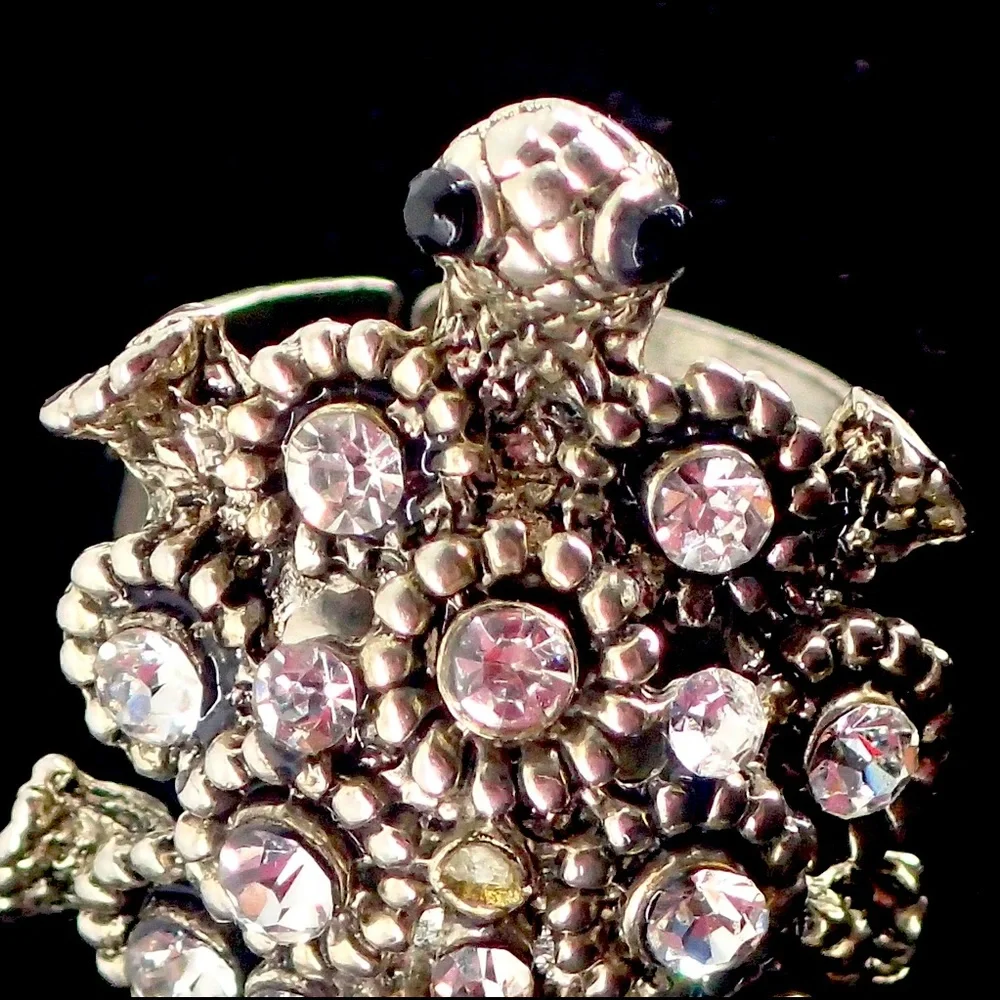 Vintage Ring Crystal Turtle Silver Adjustable Band Size 7 A Statement Piece Rare